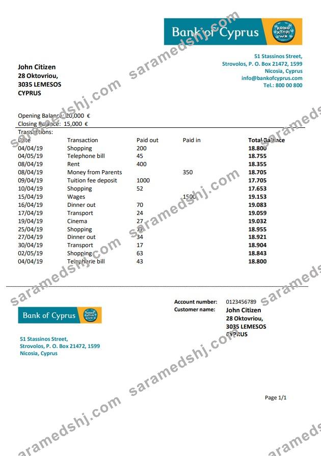 Cyprus Bank of Cyprus bank statement